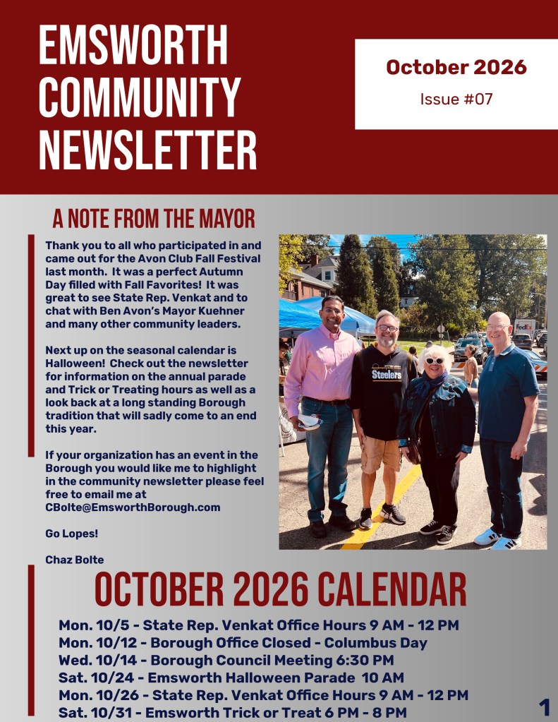 Emsworth Community Newsletter for October 2026, featuring a note from the mayor about the recent Fall Festival and upcoming Halloween events.