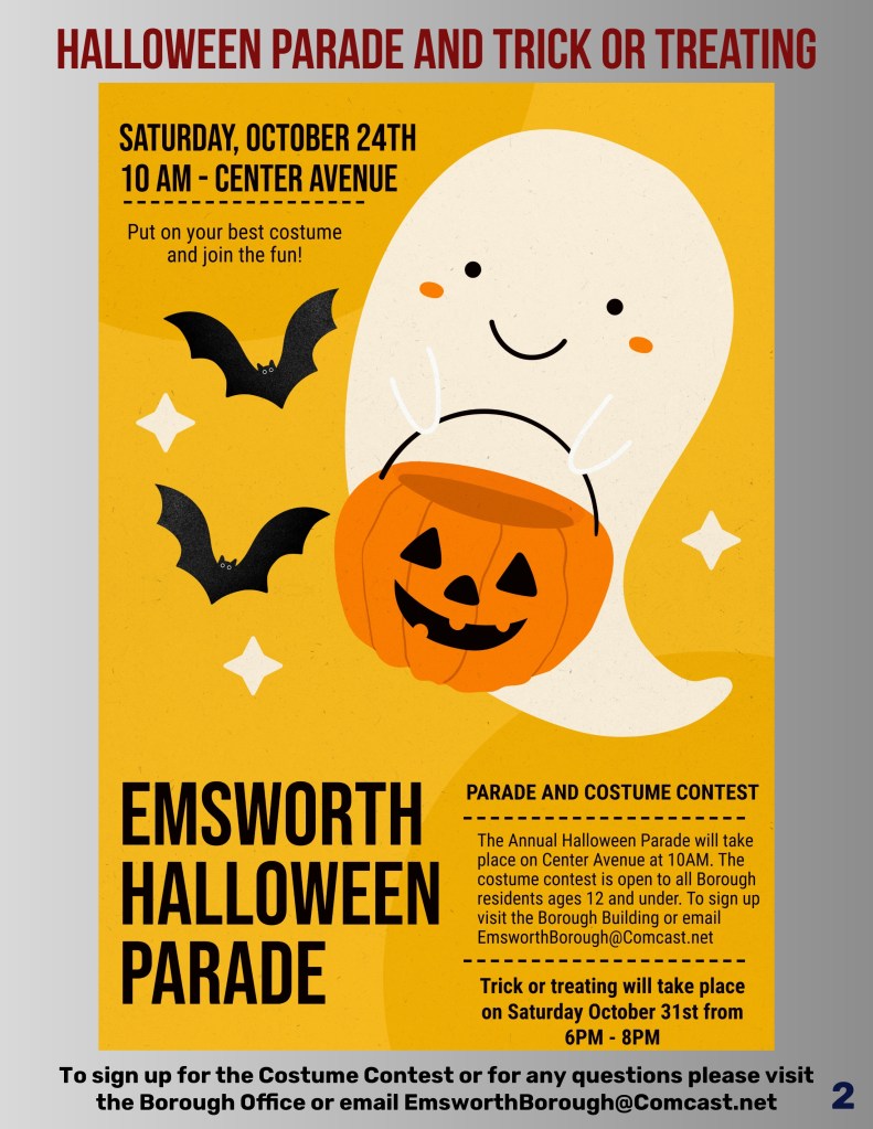 Event flyer for the Emsworth Halloween Parade and Trick or Treating, featuring a cute ghost and pumpkin graphic. Details include date, time, and location for the parade, and information on a costume contest.