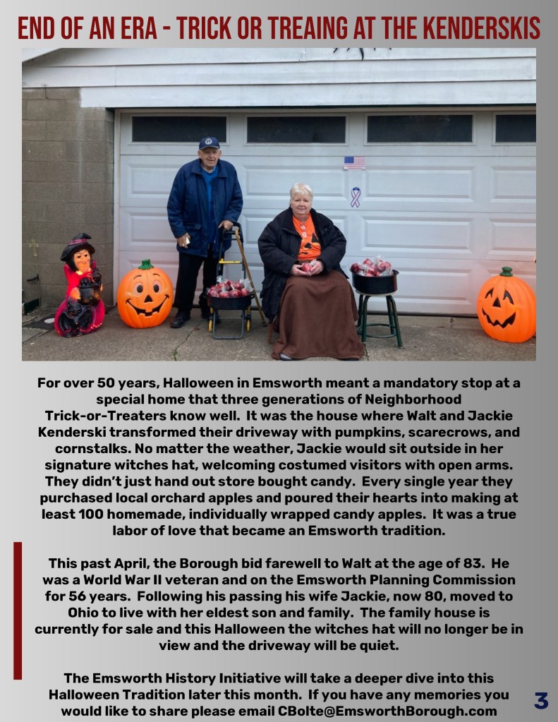 An elderly man and woman sitting on a driveway with pumpkins and Halloween decorations, holding candy. The man uses a walker, and the woman wears an orange shirt. A sign above them indicates it's the end of an era for their Halloween traditions.