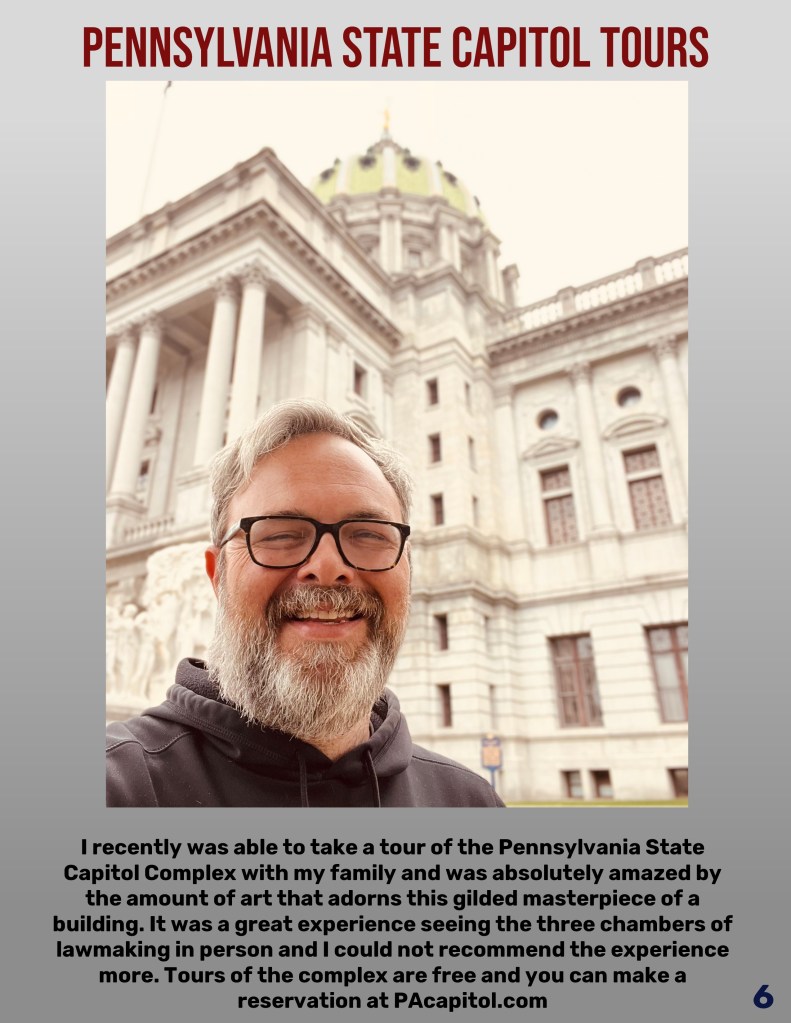 A smiling person in front of the Pennsylvania State Capitol building, showcasing its architectural details and gilded dome.