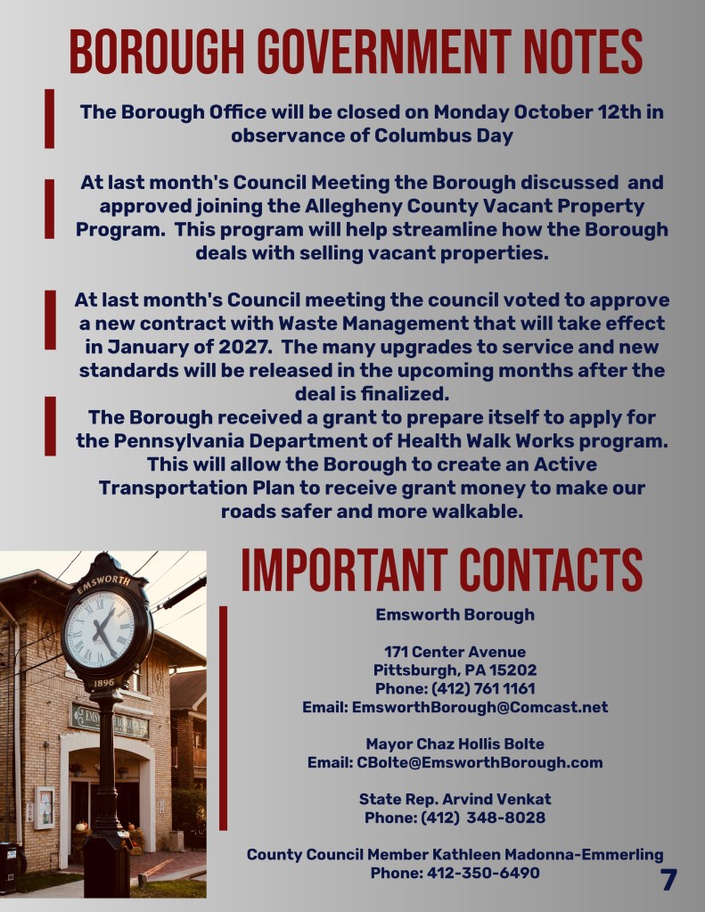 A notice from Emsworth Borough detailing office closure on October 12th, updates from the recent council meeting, and important contact information.