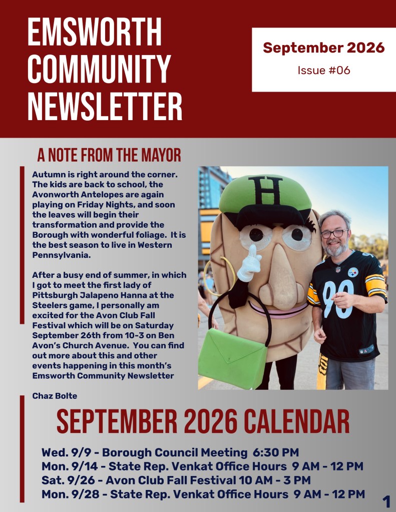 Emsworth Community Newsletter for September 2026 featuring a note from the mayor, a photo of the mayor with a mascot, and a calendar of community events.