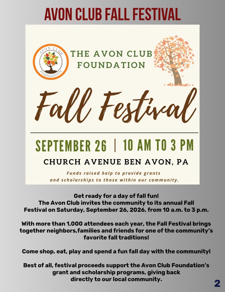 Graphic promoting the Avon Club Fall Festival, scheduled for September 26, 2026, from 10 AM to 3 PM at Church Avenue, Ben Avon, PA. The event aims to raise funds for grants and scholarships within the community.