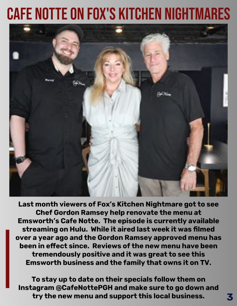 Three individuals pose for a photo at Cafe Notte, featured on Fox's Kitchen Nightmares. The scene showcases a chef and two restaurant owners smiling in a well-lit interior setting, highlighting the restaurant's ambiance.