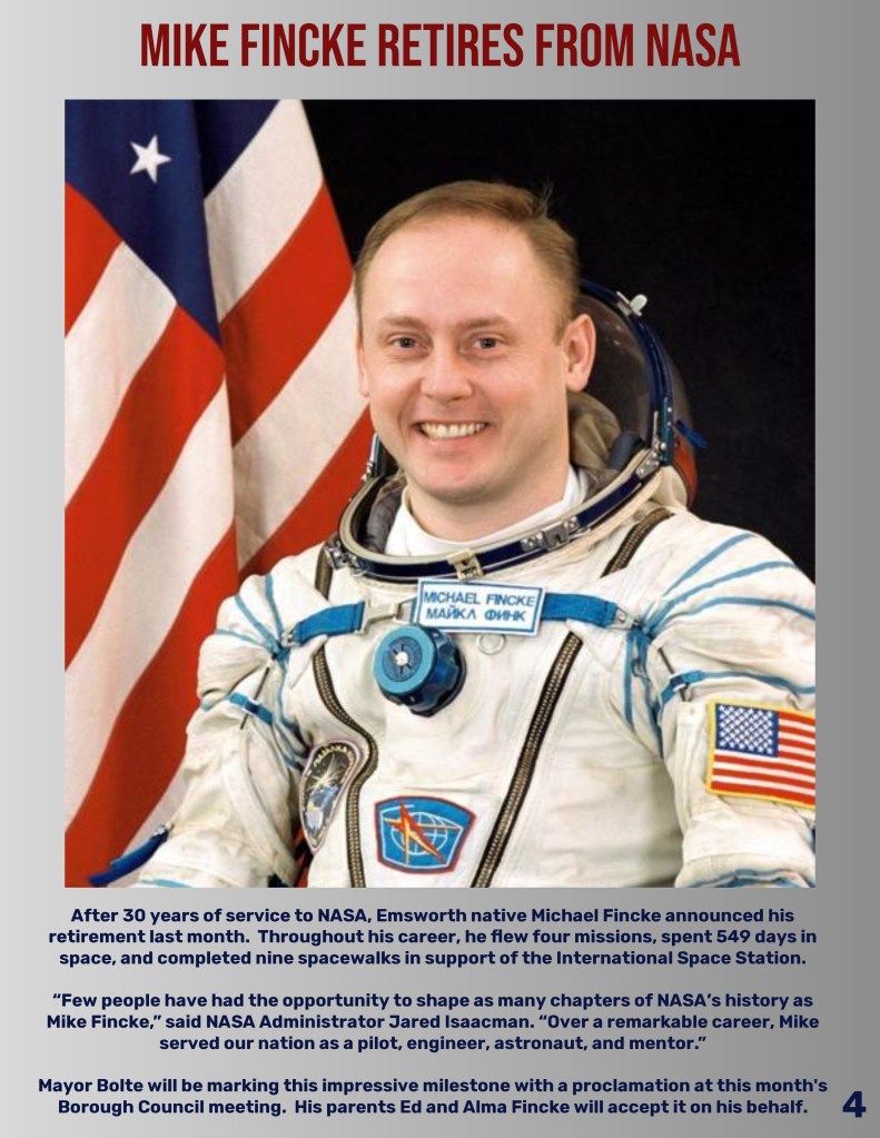 Portrait of astronaut Mike Fincke in a spacesuit, smiling in front of an American flag. The image announces his retirement from NASA after 30 years of service.