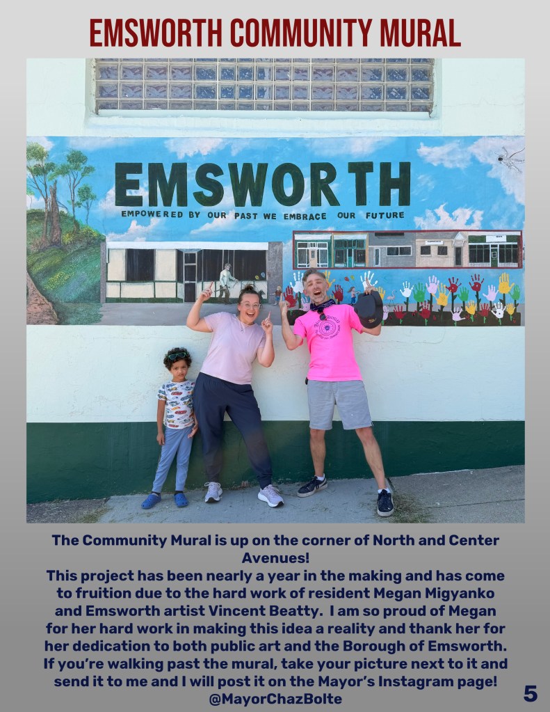 Community mural in Emsworth featuring the word 'EMSWORTH' and colorful imagery, with three individuals posing in front, celebrating the project.
