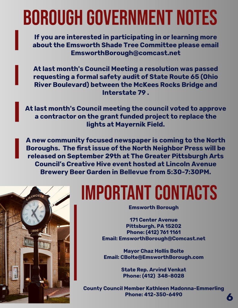 A bulletin board with government notes and important contacts for Emsworth Borough, including information about the Shade Tree Committee, safety audits, a new community newspaper, and council meeting updates.