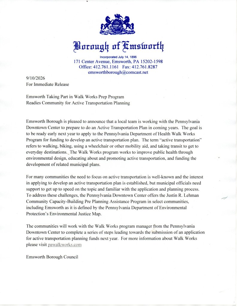 Press release from the Borough of Emsworth announcing participation in the Walk Works Prep Program for active transportation planning.